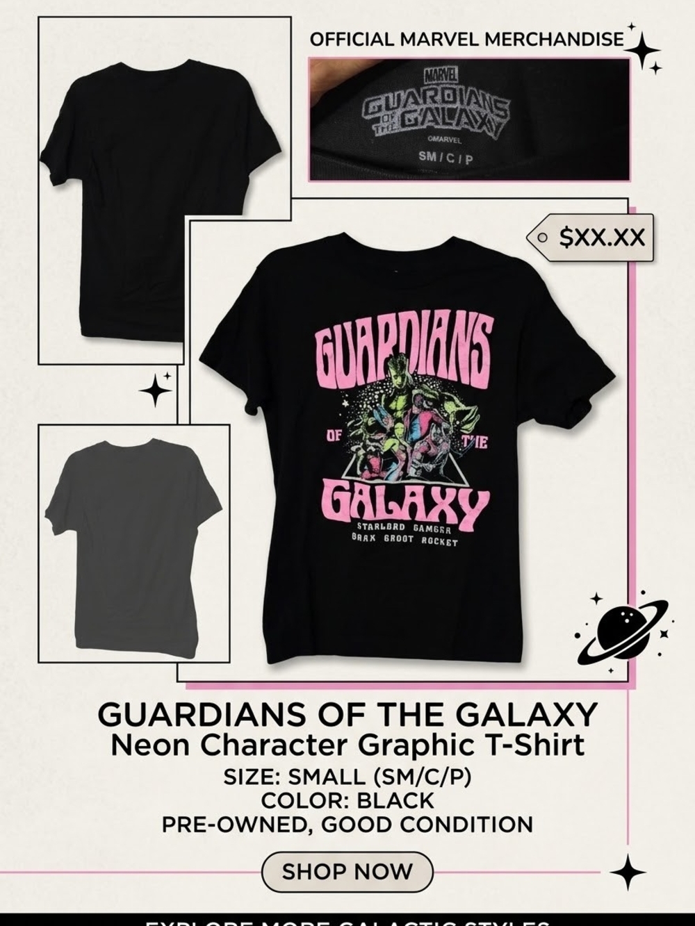 Marvel Guardians of the Galaxy Neon Graphic Tee - Black with Pink & Green